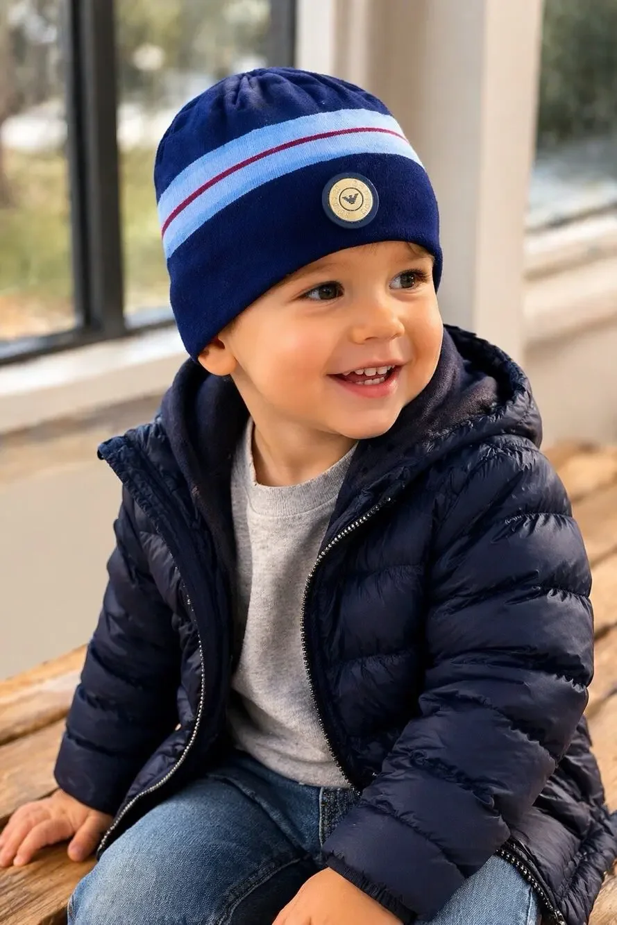 Armani Junior Baby Boys Wool Blend Beanie Hat Blue Italy Medallion Logo